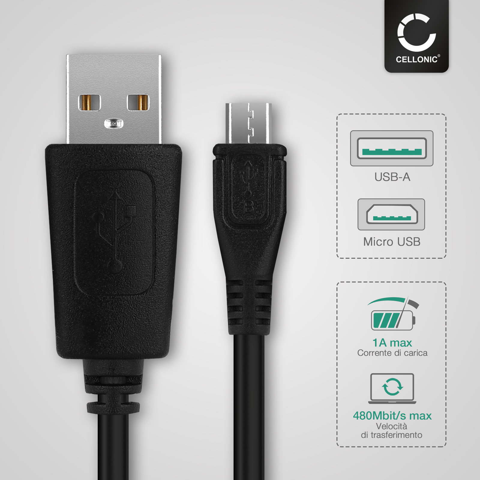 Cavo USB 2.0 CELLONIC 1m Per Acer Iconia A1/A3/B1/One/Tab – Ricarica E Sincronizza, PVC Nero, 480 MBit/s