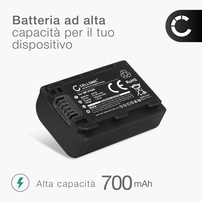Batteria per Sony Alpha A6400 A6300 A7r ILCE-7K A6000 A7R II 1050mAh 7,4V