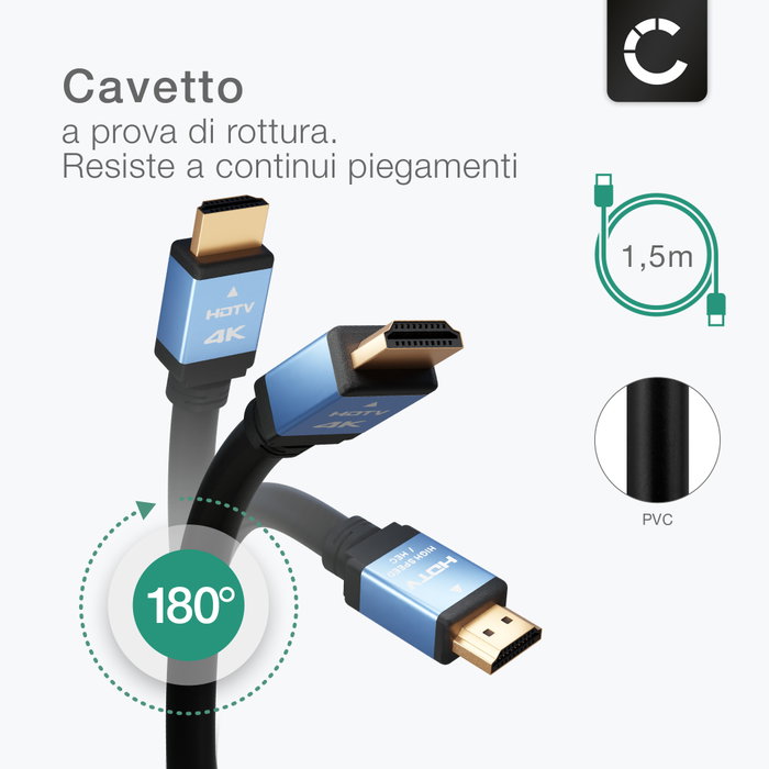 CABLEPELADO Cavo HDMI Piatto 4K Con Ethernet, Contatti Dorati, 50 Cm, Compatibile PC, PS5, Xbox, Smart TV