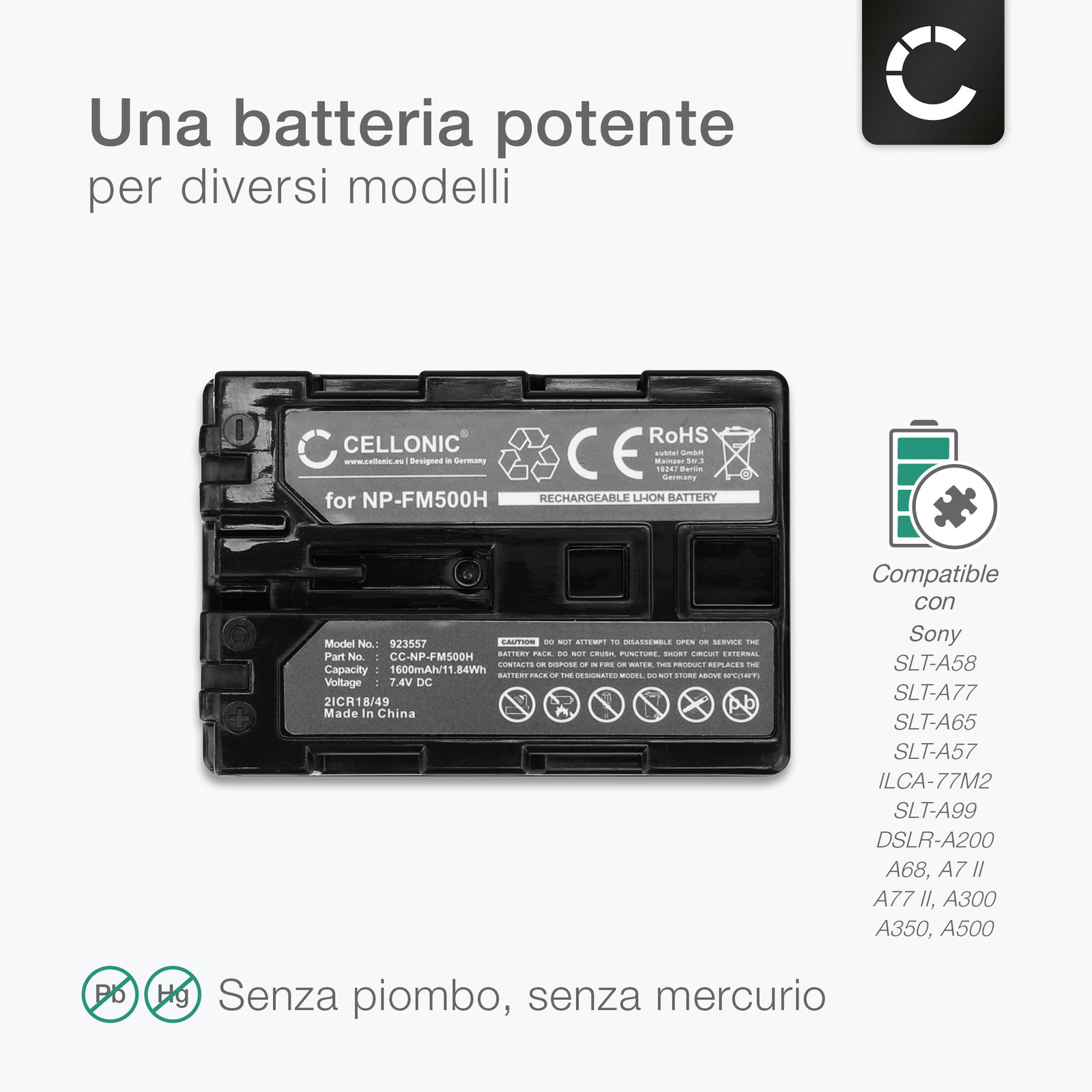 Batteria Di Ricambio Per Fotocamera Sony Serie A300 – 7,2V, 1600mAh, Li-Ion, 56x39x21mm