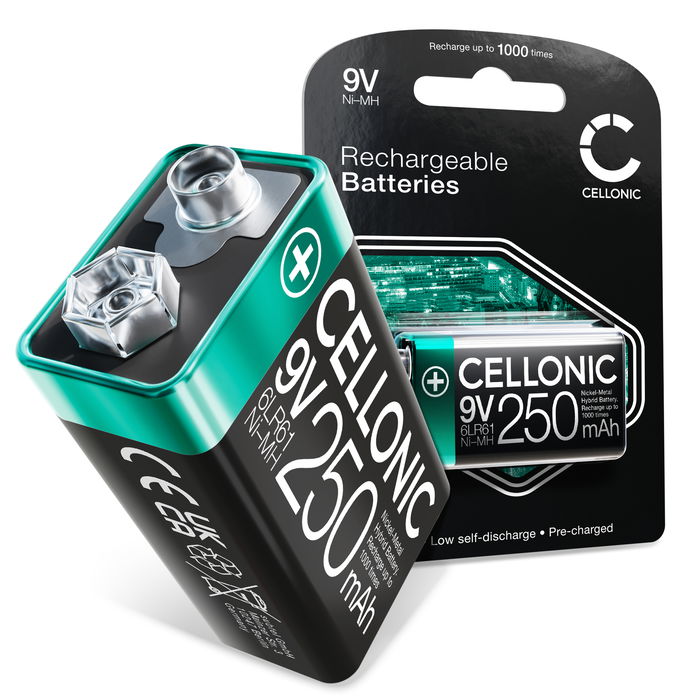 CELLONIC Pila 9V ricaricabile - 250mAh, batteria rettangolare, precaricata, lunga durata 1x 9V / E Block / 6F22 / 6LR61 / AM-61 Batteria da 9 volt da usare per rilevatori di fumo, microfoni wireless, giocattoli o telefoni fissi