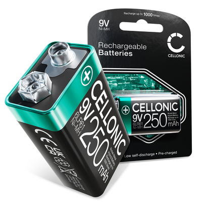 CELLONIC Pila 9V ricaricabile - 250mAh, batteria rettangolare, precaricata, lunga durata 1x 9V / E Block / 6F22 / 6LR61 / AM-61 Batteria da 9 volt da usare per rilevatori di fumo, microfoni wireless, giocattoli o telefoni fissi