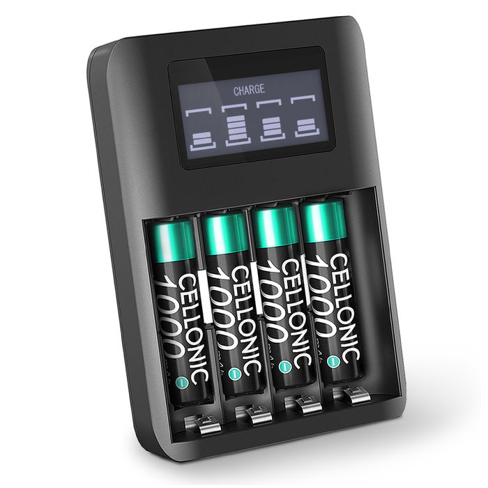 CELLONIC USB Rechargeable Battery Charger with LCD Display AA AAA NiMH Smart Intelligent Battery Recharger with Microprocessor and 4x 1.2V 1000mAh NiMH Rechargeable AAA Batteries