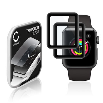 2x Vetrino protettivo 9H CELLONIC per Apple Watch 1, Watch 2, Watch 3 - 38mm, (3D Full Cover Screen protector 0,30mm per smartwacht, braccialetto fitness Full Glue), colore nero, pellicola salva-schermo di orologio smartwatch