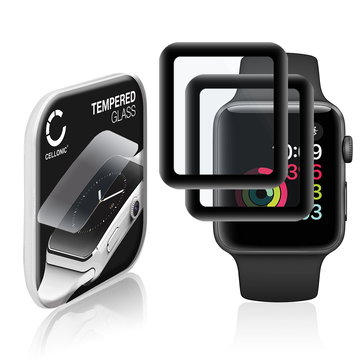 2x Vetrino protettivo 9H CELLONIC per Apple Watch 1 / 2 / 3 - 42mm, (3D Full Cover Screen protector 0,30mm per smartwacht, braccialetto fitness Full Glue), colore nero, pellicola salva-schermo di orologio smartwatch