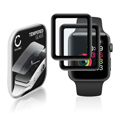 2x Vetrino protettivo 9H CELLONIC per Apple Watch 1 / 2 / 3 - 42mm, (3D Full Cover Screen protector 0,30mm per smartwacht, braccialetto fitness Full Glue), colore nero, pellicola salva-schermo di orologio smartwatch
