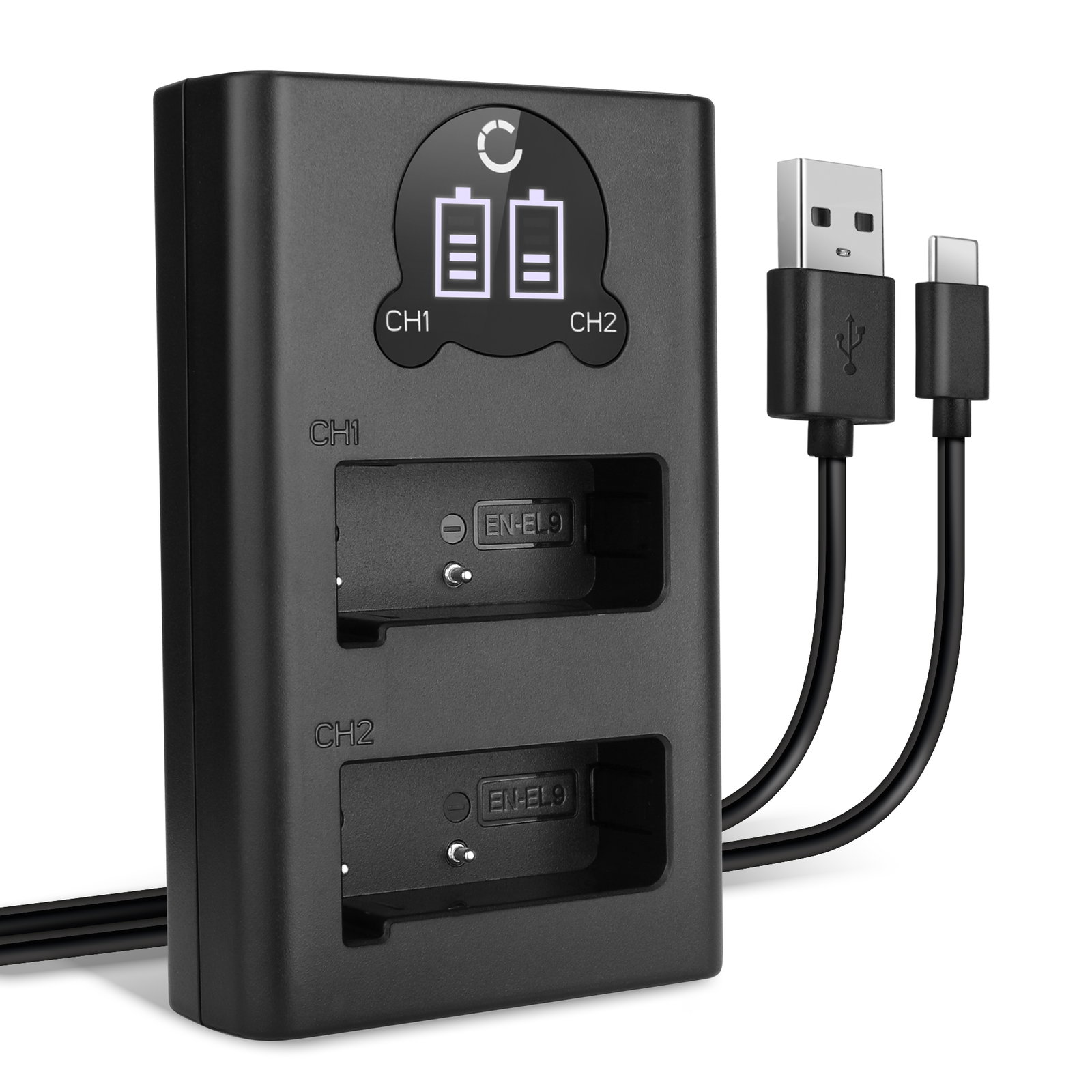 Caricabatterie Doppio USB Per Nikon EN-EL9, Compatibile Con D40, D40x, D60, D3000, D5000, Con Cavo Micro USB, Carica 2 Batterie