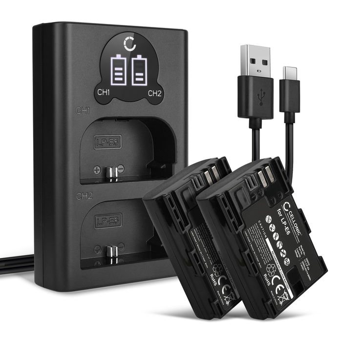 2x Canon EOS 7D Mark II Batteria marcata CELLONIC, 2000mAh + Caricabatterie Doppio