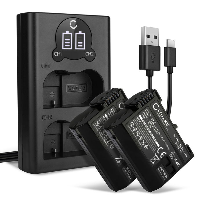 2x Nikon EN-EL15c Batteria marcata CELLONIC, 2000mAh + Caricabatterie Doppio
