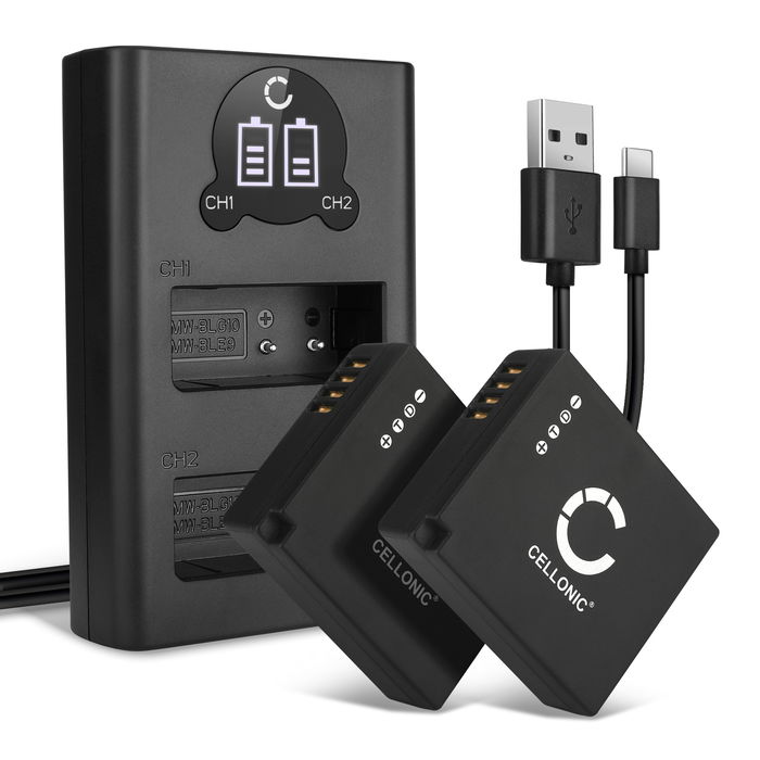 2x Panasonic DMW-BLG10E Batteria marcata CELLONIC, 730mAh + Caricabatterie Doppio