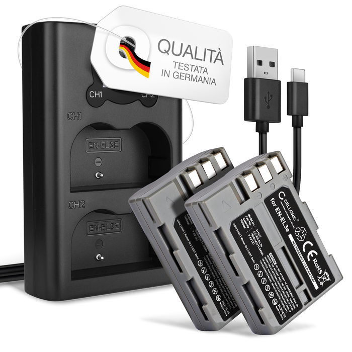 2x Nikon D300 Batteria da 1600mAh marcata CELLONIC + Caricabatterie Doppio