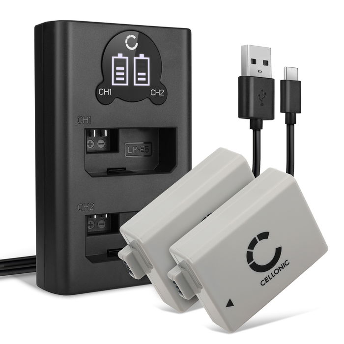 2x Canon EOS 500D Batteria marcata CELLONIC, 1020mAh + Caricabatterie Doppio