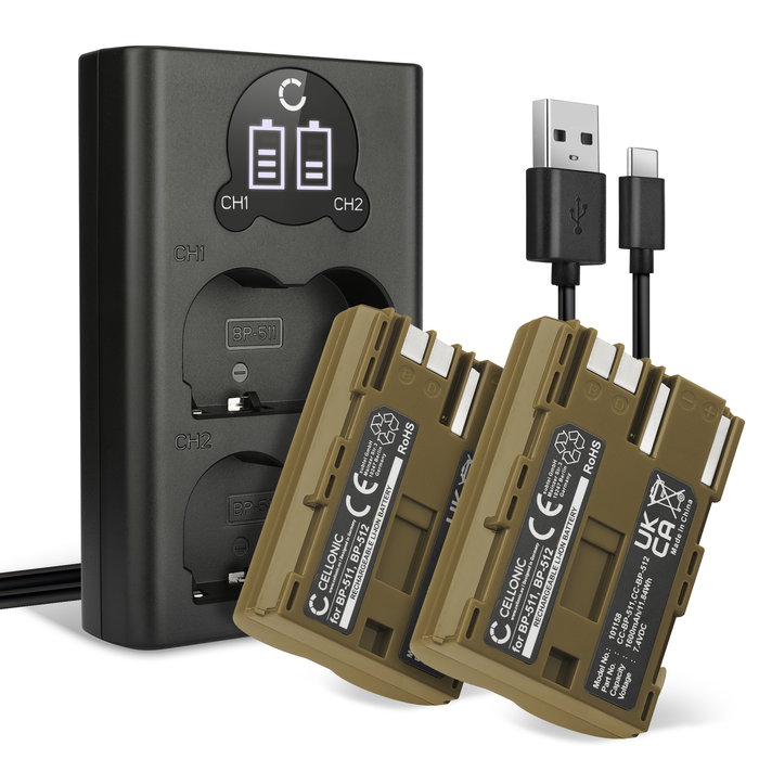 2x Canon EOS 50D Batteria marcata CELLONIC, 1600mAh + Caricabatterie Doppio