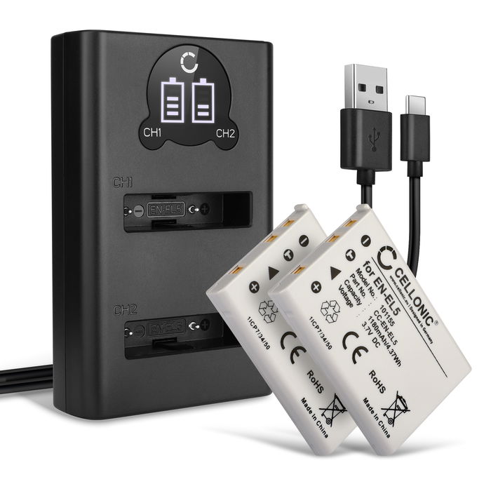 2x Nikon Coolpix P80 Batteria marcata CELLONIC, 1180mAh + Caricabatterie Doppio