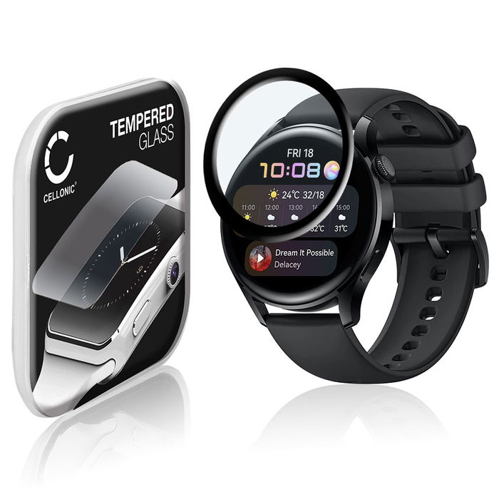 Vetrino protettivo 9H CELLONIC per Huawei Watch 3 - 46mm, (3D Full Cover Screen protector 0,33mm per smartwacht, braccialetto fitness Full Glue), colore Trasparente, pellicola salva-schermo di orologio smartwatch