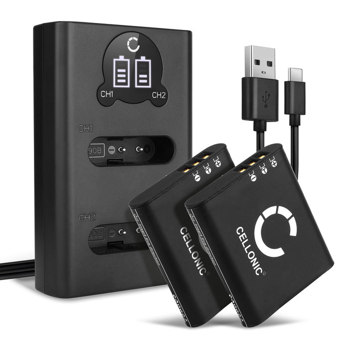 2x Ricoh GR IIIx Batteria marcata CELLONIC, 1100mAh + Caricabatterie Doppio