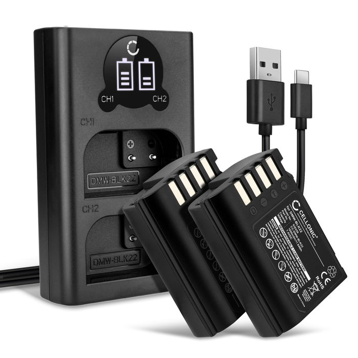 2x Panasonic DMW-BLK22 Batteria da 1600mAh marcata CELLONIC + Caricabatterie Doppio