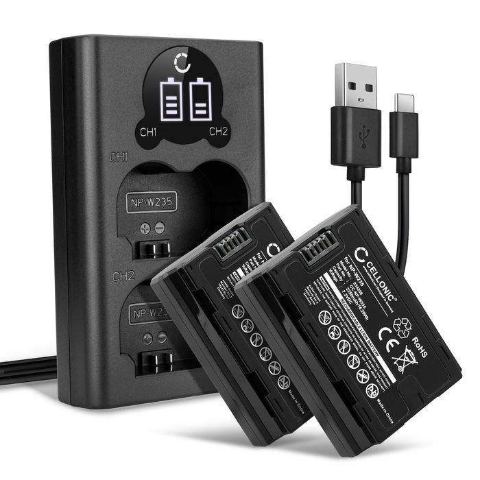 2x Batteria per FujiFilm GFX100S, GFX 50S II, XT4, NPW235 - NP W235 2250mAh + Caricabatteria doppio NP W235 Ricambio sostituzione scorta