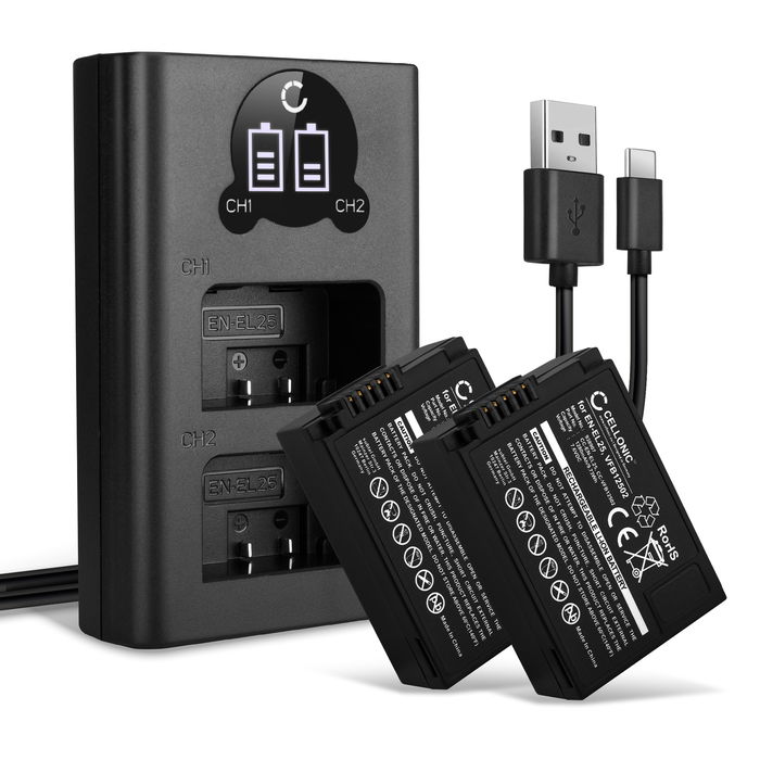 2x Batteria EN-EL25, VFB12502 per fotocamera Nikon Z fc / Z 50 / Z 30 Affidabile ricambio da 1280mAh, marca CELLONIC + Caricabatterie Doppio