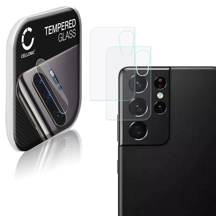 2x CELLONIC Camera Lens Protector for Samsung Galaxy S21 Ultra (SM-G998) Phone / Smartphone - Camera lens protective cover 0,33mm Full Glue Crystal Clear 9H Tempered Glass Anti-Scratch Camera Cover