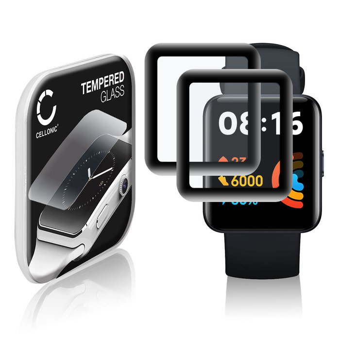 2x Vetrino protettivo 9H CELLONIC per Xiaomi Redmi Watch 2 Lite, (3D Full Cover Screen protector 0,33mm per smartwacht, braccialetto fitness Full Glue), colore nero, pellicola salva-schermo di orologio smartwatch