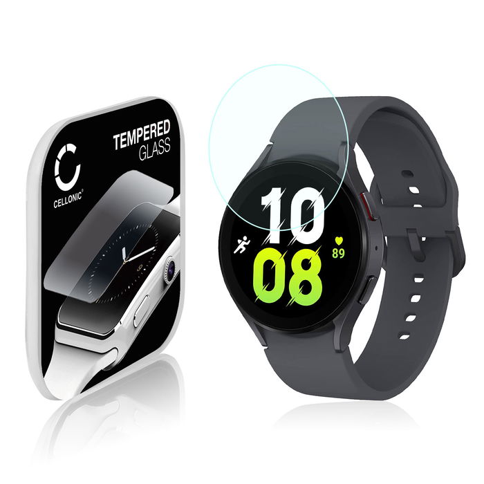 Vetrino protettivo 9H CELLONIC per Samsung Galaxy Watch 5 - 44mm, (2.5D Screen protector 0,30mm per smartwacht, braccialetto fitness Full Glue), colore Trasparente, pellicola salva-schermo di orologio smartwatch