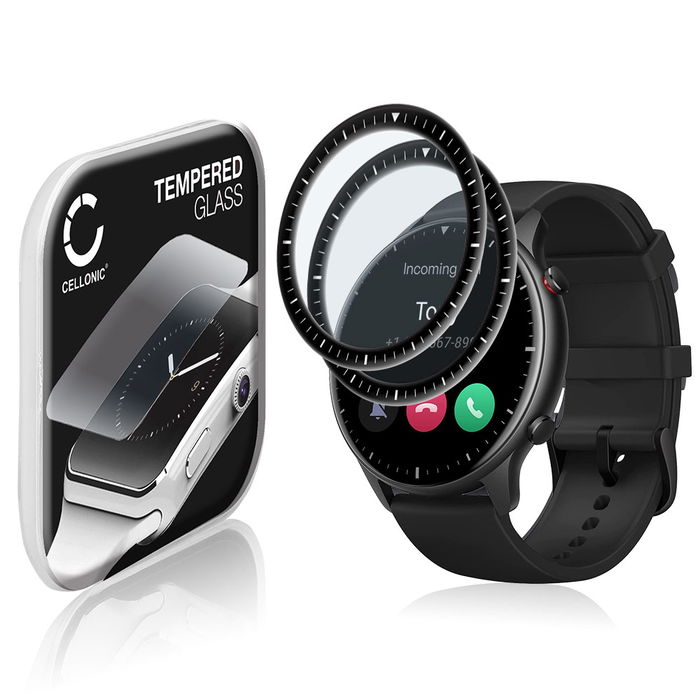 2x Vetrino protettivo 9H CELLONIC per Amazfit GTR 2, (3D Full Cover Screen protector 0,33mm per smartwacht, braccialetto fitness Full Glue), colore nero, pellicola salva-schermo di orologio smartwatch