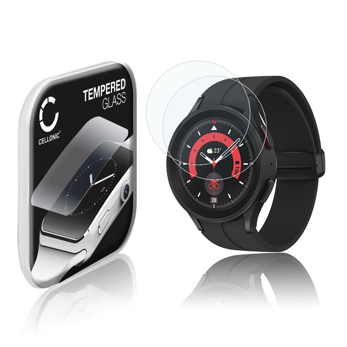 2x CELLONIC Screen Protector for Samsung Galaxy Watch 5 Pro Fitness Tracker Smart Watch Face Protector - 2.5D 0,30mm Full Glue 9H Tempered Glass Display Cover Crystal Clear