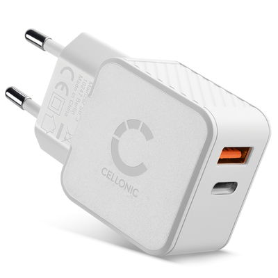 CELLONIC Caricatore da parete USB C, 20W, ricarica telefoni, tablet o altri dispositivi mobili dalla presa da parete via USB C e USB standard (USB A), QC3.0 18W Leggero & facile da portare con sé