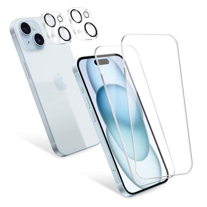 2x2 Vetri di protezione per Kompatibel mit iPhone 15, 9H 0,33 mm, colla completa, protezione dello schermo e della fotocamera, materiale in vetro temperato 'screen protector' del display Apple, 'case-freindly'