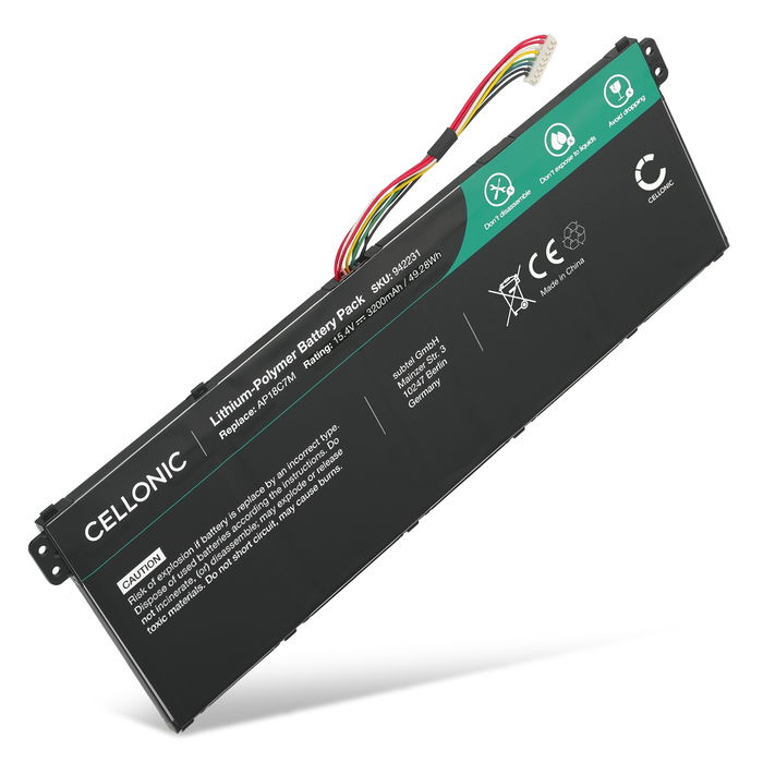 Battery for Acer Spin 5 SP513, SF514, SP513, Spin 3 SP314, TravelMate Spin P4, Swift 3 SF316-51, Swift 5 Pro SF514, ConceptD 3 Pro, Ezel, AP18C7M 15.4V 3200mAh from CELLONIC
