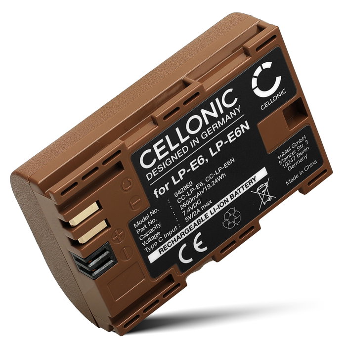 Batteria per Canon EOS 80D, 70D, 60D, 7D, 6D, 5DS, EOS 5D Mark IV, III, II TLP-E6P (2600mAh, 7.4V) marca CELLONIC