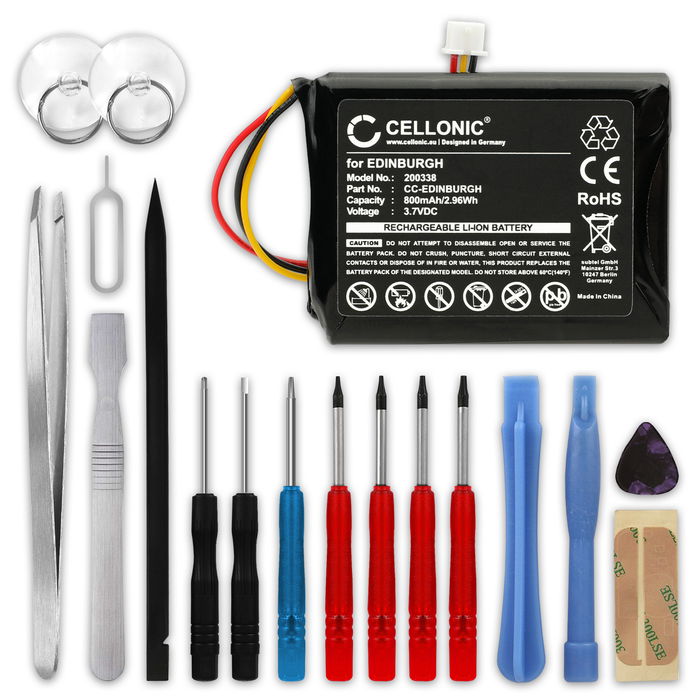 1x Batteria per TomTom ONE XL, 3rd Edition, XL Europe, XL Regional, XL 325 800mAh + Set di strumenti 17pz, marca CELLONIC, ricambi di lunga durata per navigatori