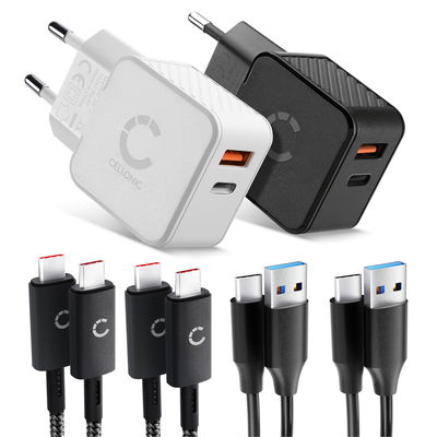 CELLONIC Kit da Viaggio &ndash; 2x Caricabatterie Doppio USB-C & USB + 4x Cavi di Ricarica per Smartphone, Notebook, GPS, Tablet, Altoparlante, Smartwatch ecc. &ndash; 2x Caricatori Rapidi USB PD da 20W in Nero e Bianco