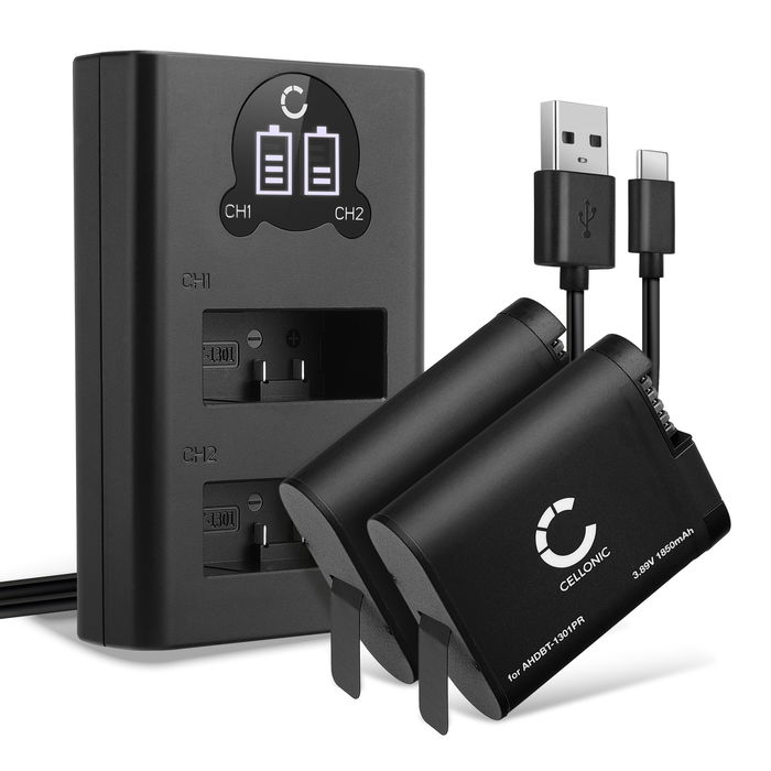 2x Battery for GoPro Hero 13, AHDBT-1301 AHDBT-1301PR (1900mAh, 3.89V) + Dual Charger from CELLONIC