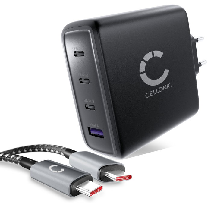 CELLONIC 140W GaN Caricatore USB C, Alimentatore multiporta 4 porte (3x USB-C 140W/100W/20W + 1x USB-A) con Power Delivery, per iPhone, MacBook, Samsung Galaxy, iPad, Laptop - compatto e da viaggio