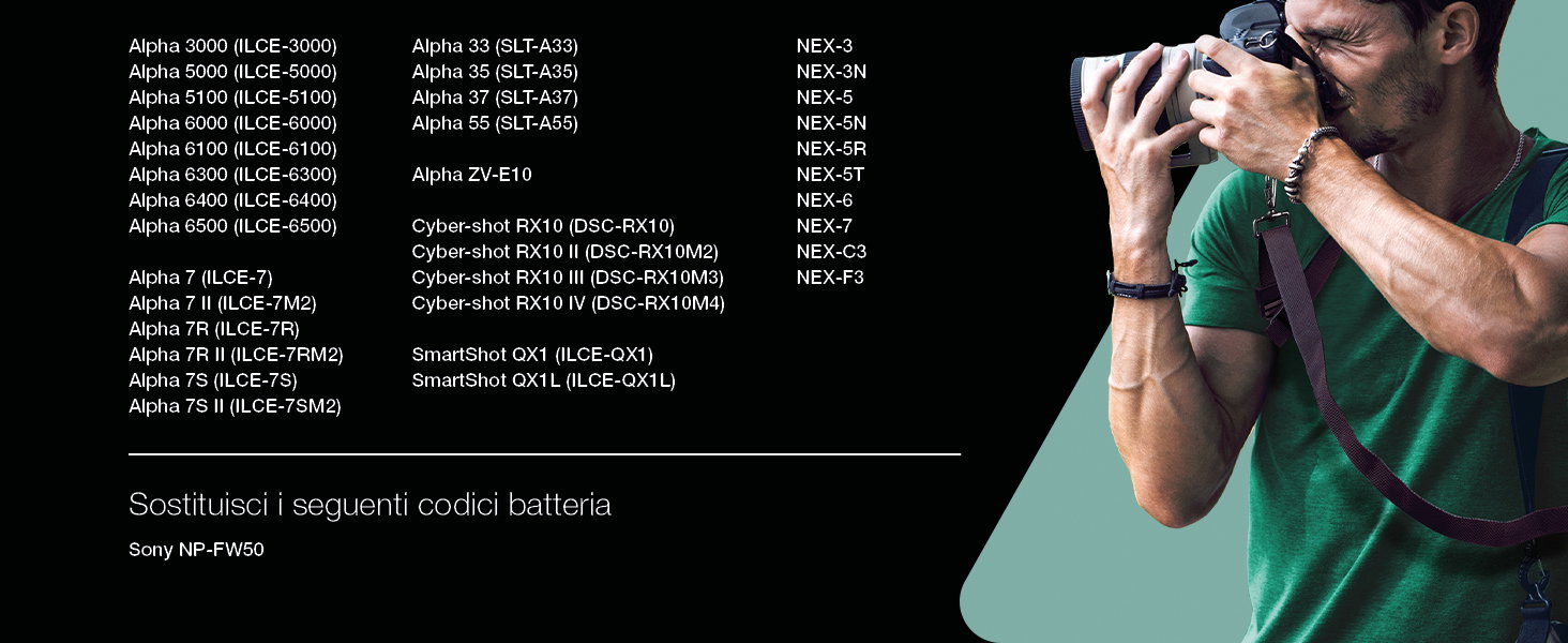 NP-FW50 Batteria E Caricatore Doppio Per Sony Alpha (2 Pezzi) - 1950mAh, 7.4V, Con USB - 3
